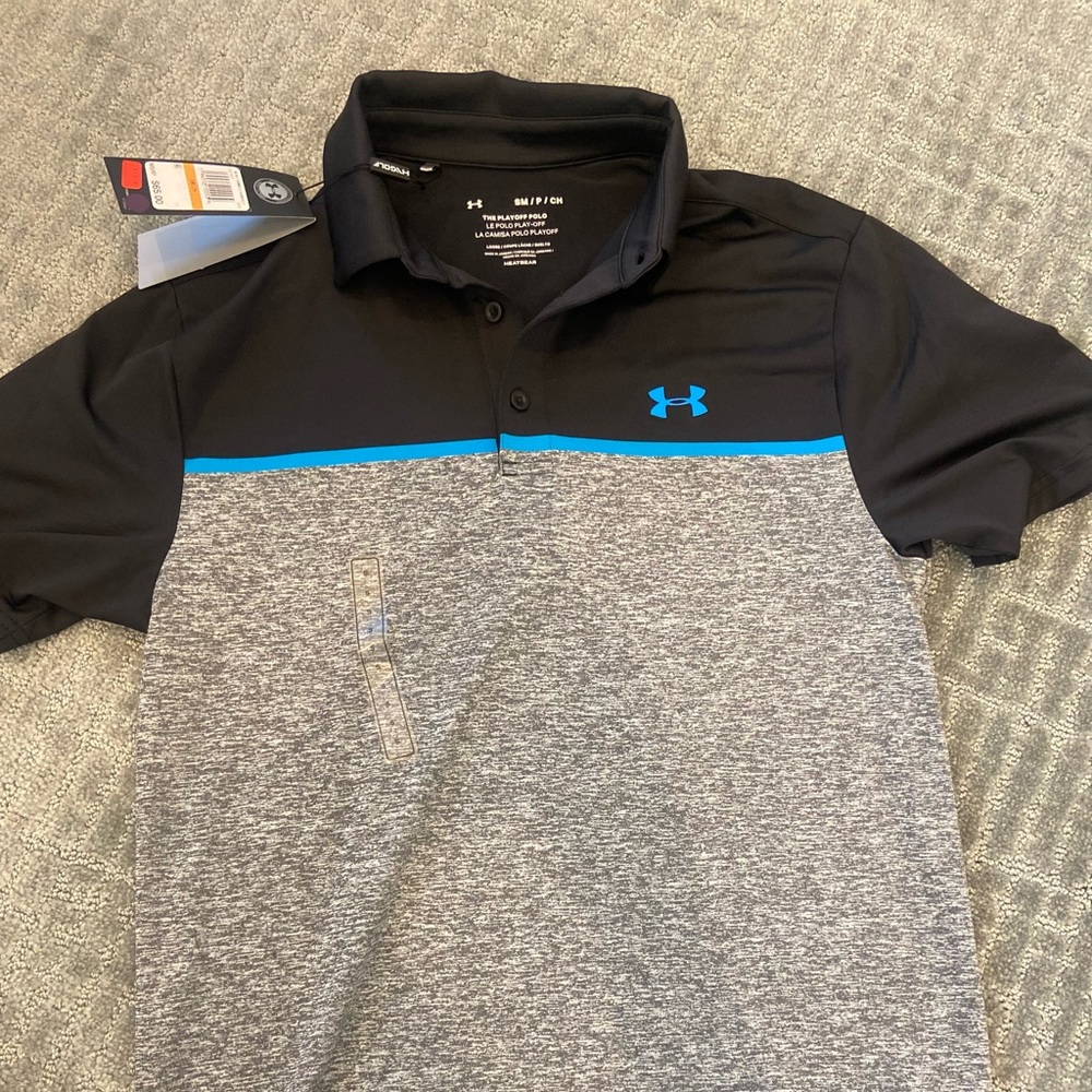 Under Armour men’s polo, size small, black with gray, new with tags